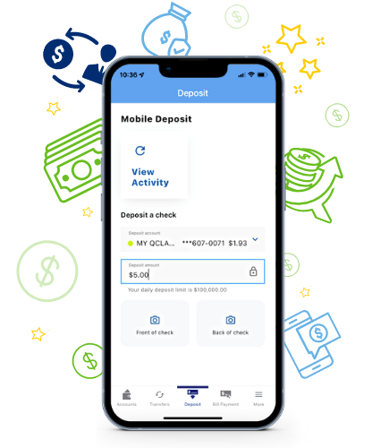 Quorum Federal Credit Union’s mobile banking app displaying the mobile deposit screen. Quorum Federal Credit Union’s mobile banking app displaying the mobile deposit screen.